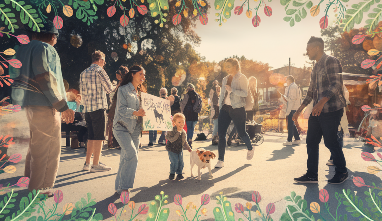 Image vibrante représentant l'engagement communautaire dans le bien-être animal.
