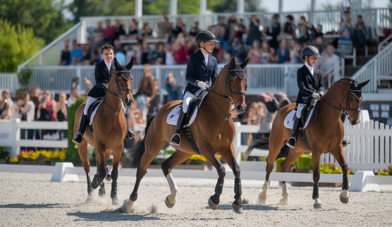 Jeunes cavaliers sautant des obstacles, symbolisant le développement sportif