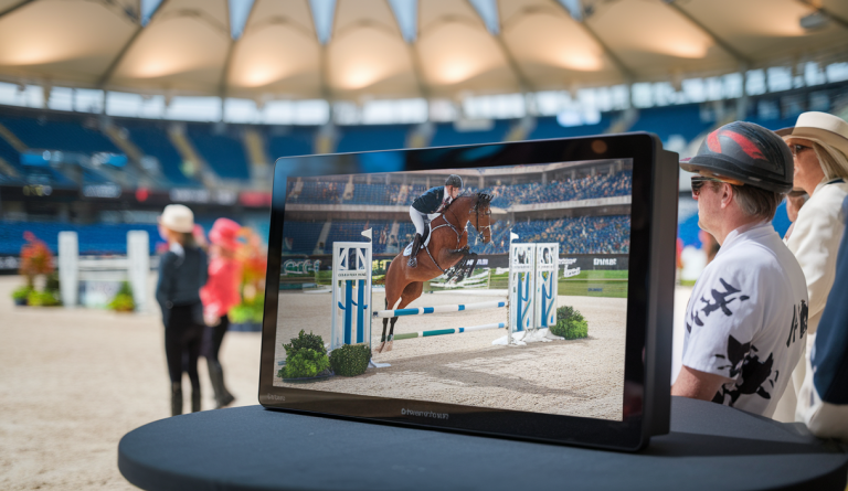 Un spectateur captivé regardant un événement équestre en live streaming.