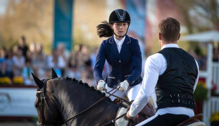 Scène de voltige équestre capturant la victoire de Rebecca Greggio et Davide Zanella