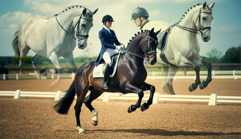 Cheval exécutant un changement de pied en dressage, illustration captivante