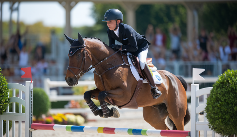 Jeune cavalier en pleine compétition de saut d'obstacles