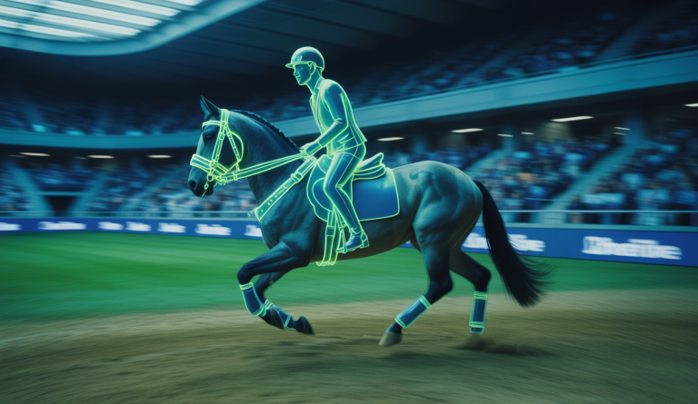 Illustration d'un cheval en compétition avec une nouvelle muserolle FEI, symbolisant la performance et le bien-être équin