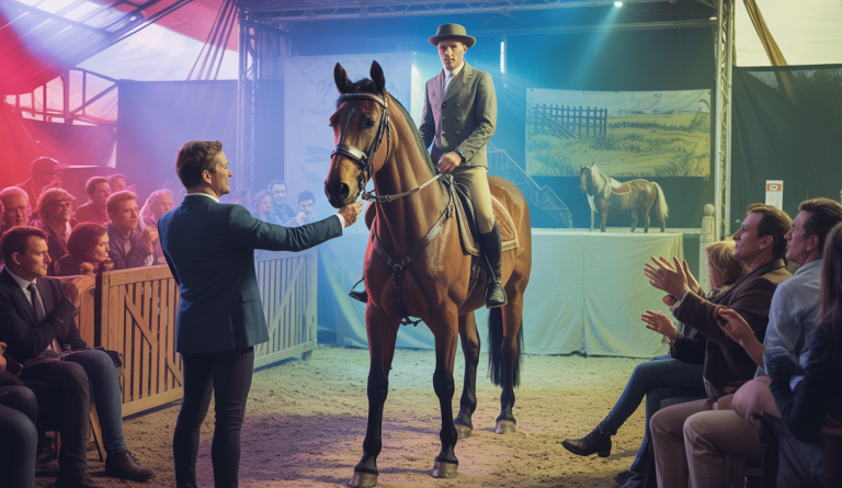 Scène vibrante de salons du cheval 2025 en France avec spectacles et concours