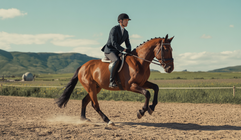Un cavalier montant habilement un cheval dans une posture innovante, illustrant l'équilibre parfait entre technique moderne et sécurité.