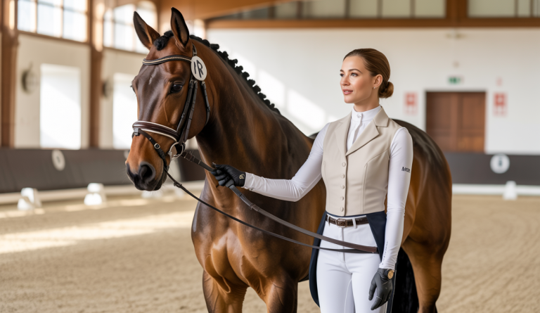 Amelia Newcomb enseigne la posture et la précision technique pour améliorer la performance en dressage avec un cheval dans un manège équestre intérieur, démontrant une position parfaite du cavalier en tenue de dressage classique, ambiance lumineuse naturelle douce et couleurs saturées.