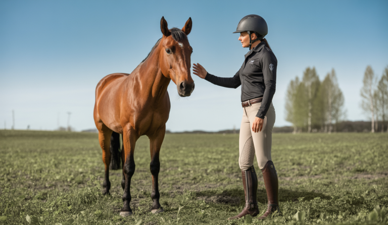 Personne approchant calmement un cheval marron clair dans un champ verdoyant, portant un casque d'équitation et des bottes de sécurité, avec une posture détendue et respectueuse.