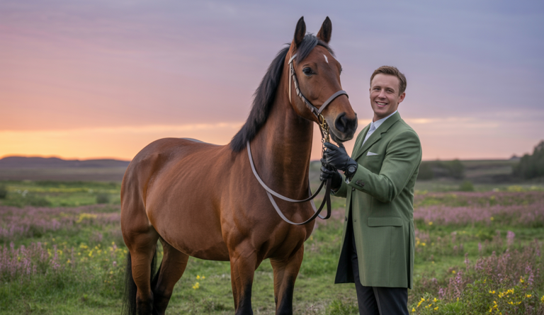 Anniversaire d'un cheval Olandais avec son cavalier, illustrant leur lien émotionnel