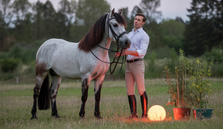 Un cavalier communiquant harmonieusement avec son cheval dans un cadre naturel, illustrant la montée des techniques modernes et naturelles de bien-être équin et de communication en 2025