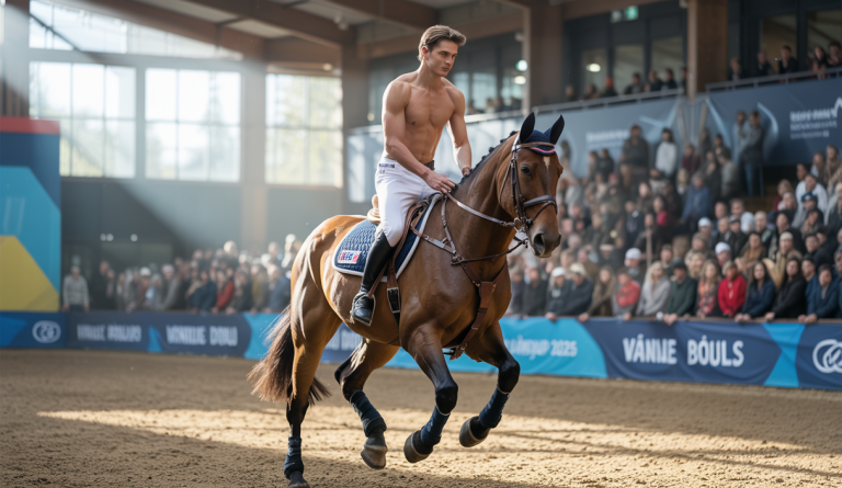 Daniel Janes, athlète américain de 29 ans en voltige équestre, effectuant une figure artistique sur un cheval en mouvement lors de la finale mondiale FEI 2025