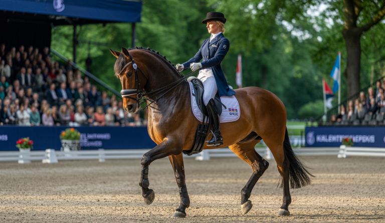 Cavaliers et chevaux néerlandais dans la finale intense de la FEI Dressage Nations Cup 2025 à Rotterdam, célébrant une victoire serrée sur la Grande-Bretagne