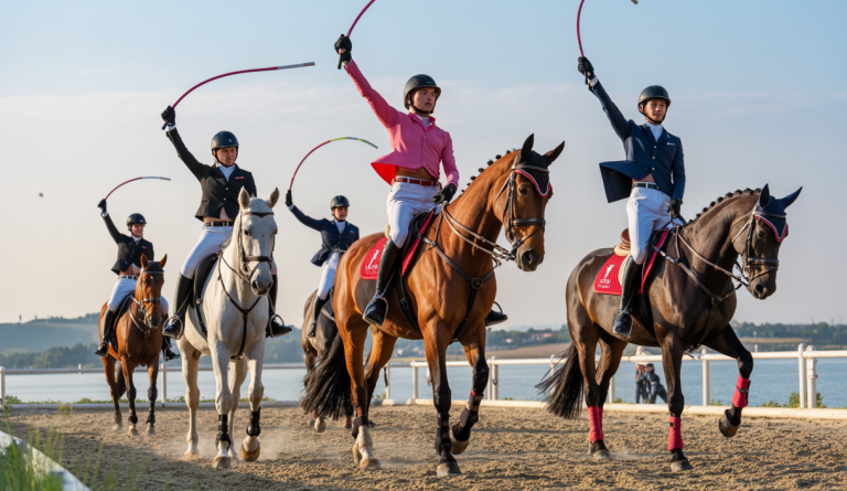 Voltigeurs en compétition lors de la finale de la FEI Vaulting World Cup 2025 à Castiglione del Lago en Italie, présentant une performance équestre dynamique et élégante.