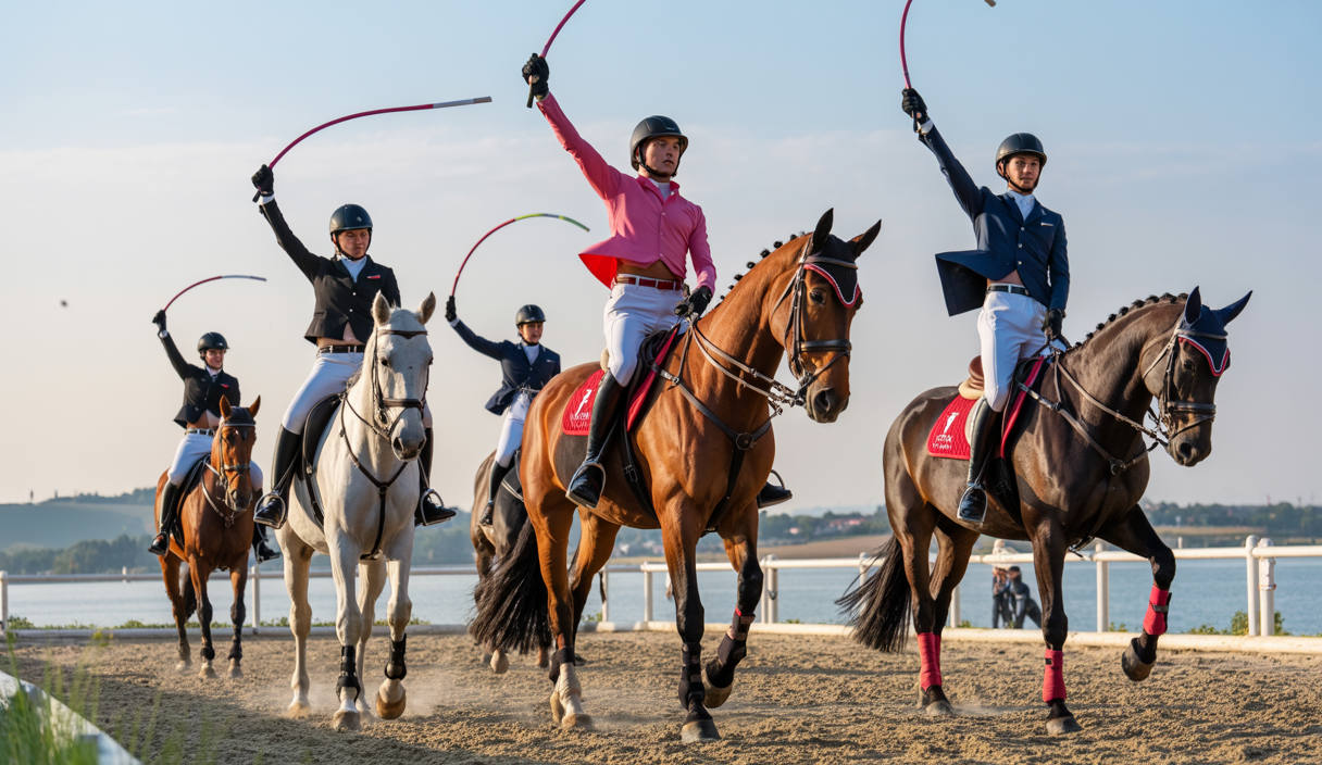Voltigeurs en compétition lors de la finale de la FEI Vaulting World Cup 2025 à Castiglione del Lago en Italie, présentant une performance équestre dynamique et élégante.