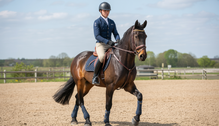 Cavalier lors du Five Day Riding Bootcamp, entraînement intensif d'équitation gratuit sur 5 jours avec un cheval au trot dans une carrière extérieure ensoleillée