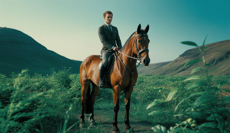 Une scène immersive illustrant les tendances futuristes en équitation pour 2025, mettant en avant une connexion harmonieuse entre le cavalier et le cheval dans un style artistique captivant.