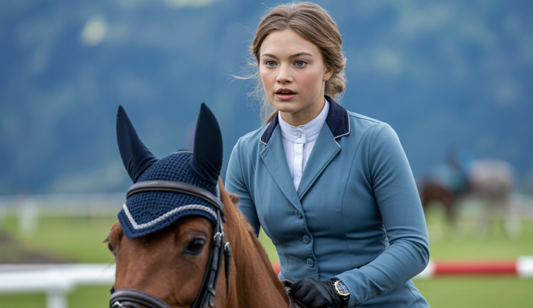 Portrait hyper-réaliste de Lilly Aspell, jeune actrice et cavalière écossaise, en plein saut d'obstacles équestre, vêtue d'une tenue d'équitation professionnelle avec un cheval en arrière-plan, lumière naturelle douce avec ciel bleu lumineux
