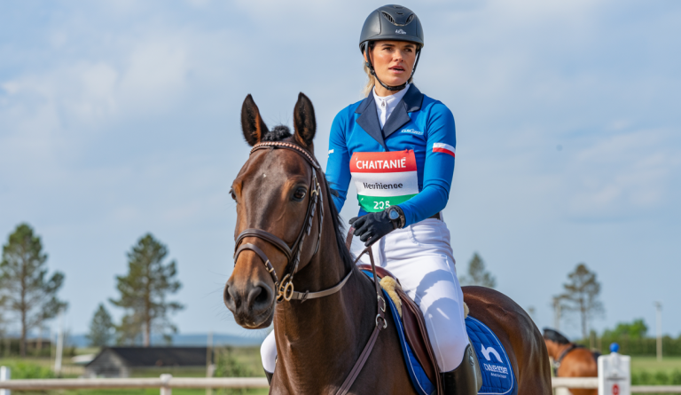 Marijke Visser en tenue d'équitation professionnelle montant sa jument baie Chaitana des Chaises lors du championnat européen d'endurance 2025 à Castiglione del Lago, Italie, célébrant leur victoire.