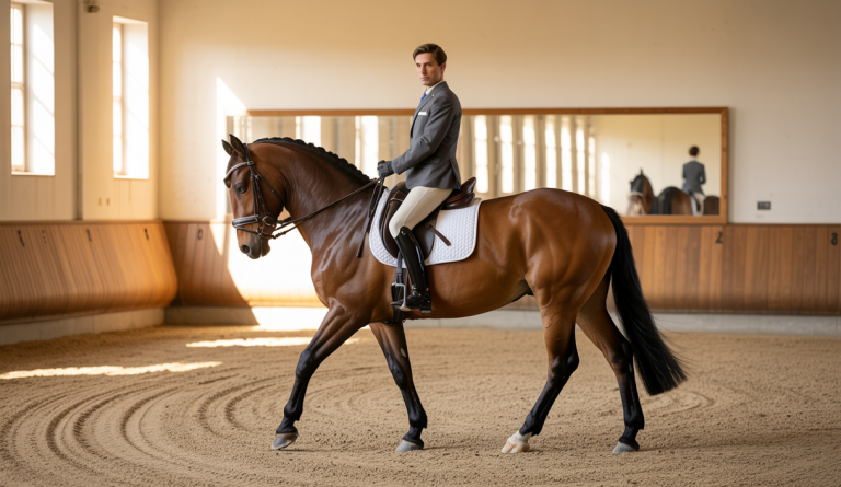 Cavalier organisant une séance d'entraînement équestre structurée avec son cheval dans un manège lumineux, illustrant la progression cohérente des exercices