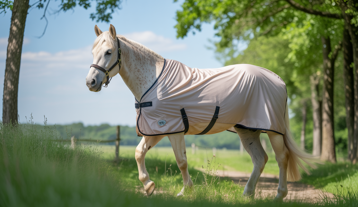 Cheval portant une fly sheet légère et protectrice lors d'une chaude journée d'été avec un arrière-plan verdoyant et ensoleillé