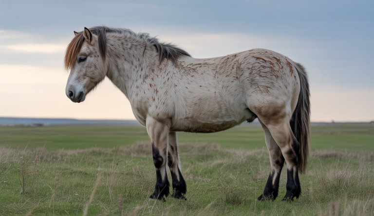 Cheval âgé présentant un pelage long et hirsute caractéristique du syndrome de Cushing, avec un fond de prairie douce sous une lumière naturelle tamisée
