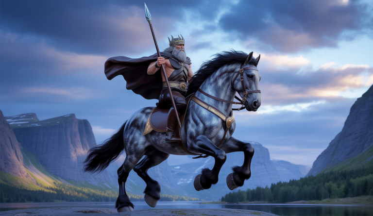 Illustration détaillée de Sleipnir, le cheval mythique à huit jambes portant Odin dans un paysage nordique mystique