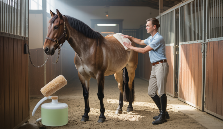 Un cavalier prodiguant un massage apaisant à un cheval brun clair dans un environnement d'écurie propre avec usage d'argile pour le soin de la peau, illustrant des techniques pratiques de bien-être équin.