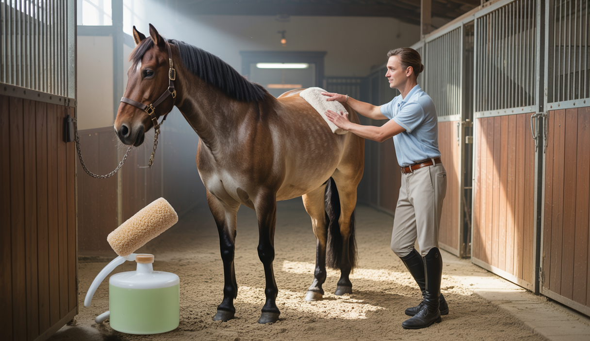 Un cavalier prodiguant un massage apaisant à un cheval brun clair dans un environnement d'écurie propre avec usage d'argile pour le soin de la peau, illustrant des techniques pratiques de bien-être équin.