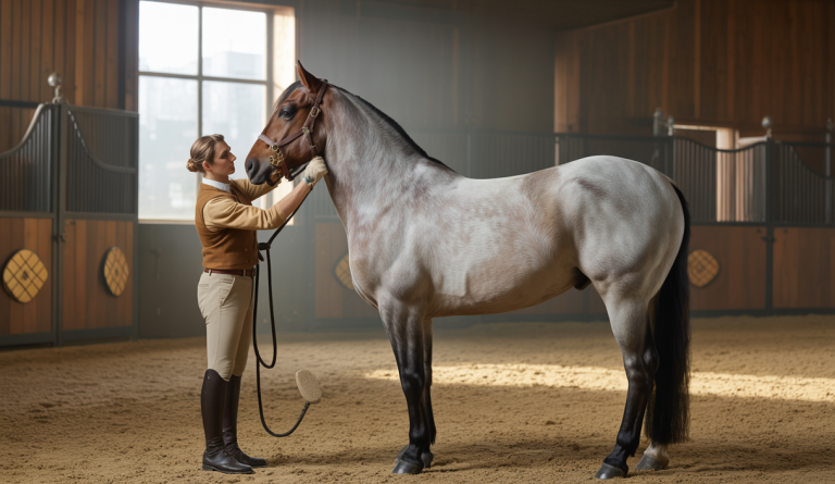 Propriétaire toilettant un cheval avec soin, créant un moment de lien et bien-être entre eux dans un environnement lumineux et chaleureux