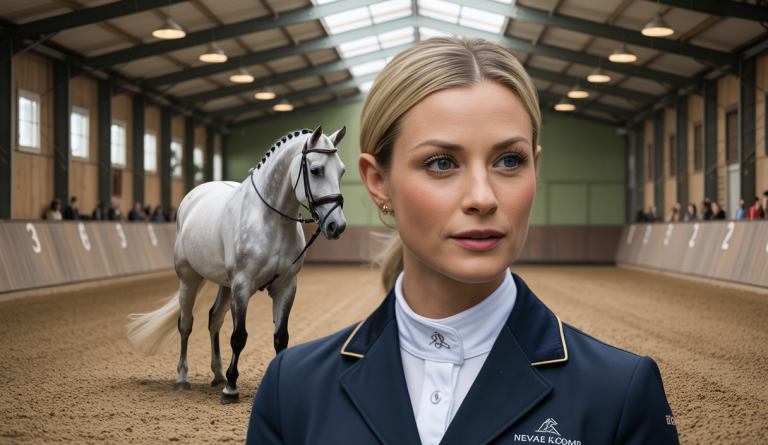Amelia Newcomb donnant des conseils avancés de dressage, avec un cheval en mouvement dans un manège lumineux et professionnel