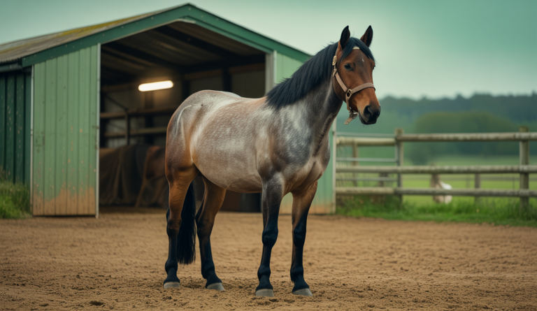 Image hyper-détaillée d'un cheval atteint de Cushing, avec une tonte soigneuse et des soins adaptés pour son bien-être.
