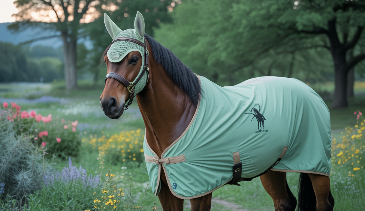 Un cheval au pré, protégé par un masque anti-mouches et une couverture anti-insectes, dans un environnement champêtre avec des fleurs et des arbres alentour.