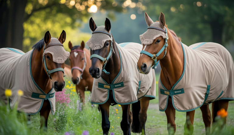 Chevaux portant des couvertures anti-insectes et des masques anti-mouches, dans un environnement estival protégé par les recommandations USEF