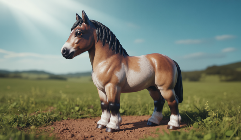 Un cheval Falabella miniature, avec une taille d'environ 75 cm, sur un fond de campagne verte, symbolisant leur origine argentine et leur caractère amical.