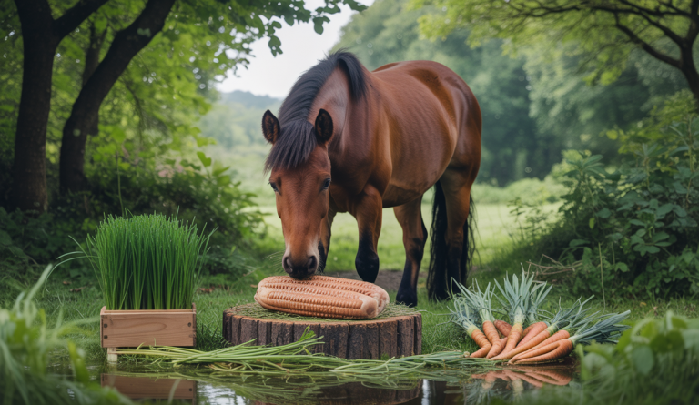 Un poney dans un pré verdoyant avec du foin et des céréales