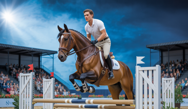 Richard Vogel sur United Touch S franchissant un obstacle lors des championnats d'Europe de saut d'obstacles 2025 à La Corogne, en pleine action, avec un ciel bleu et des tribunes remplies de spectateurs.