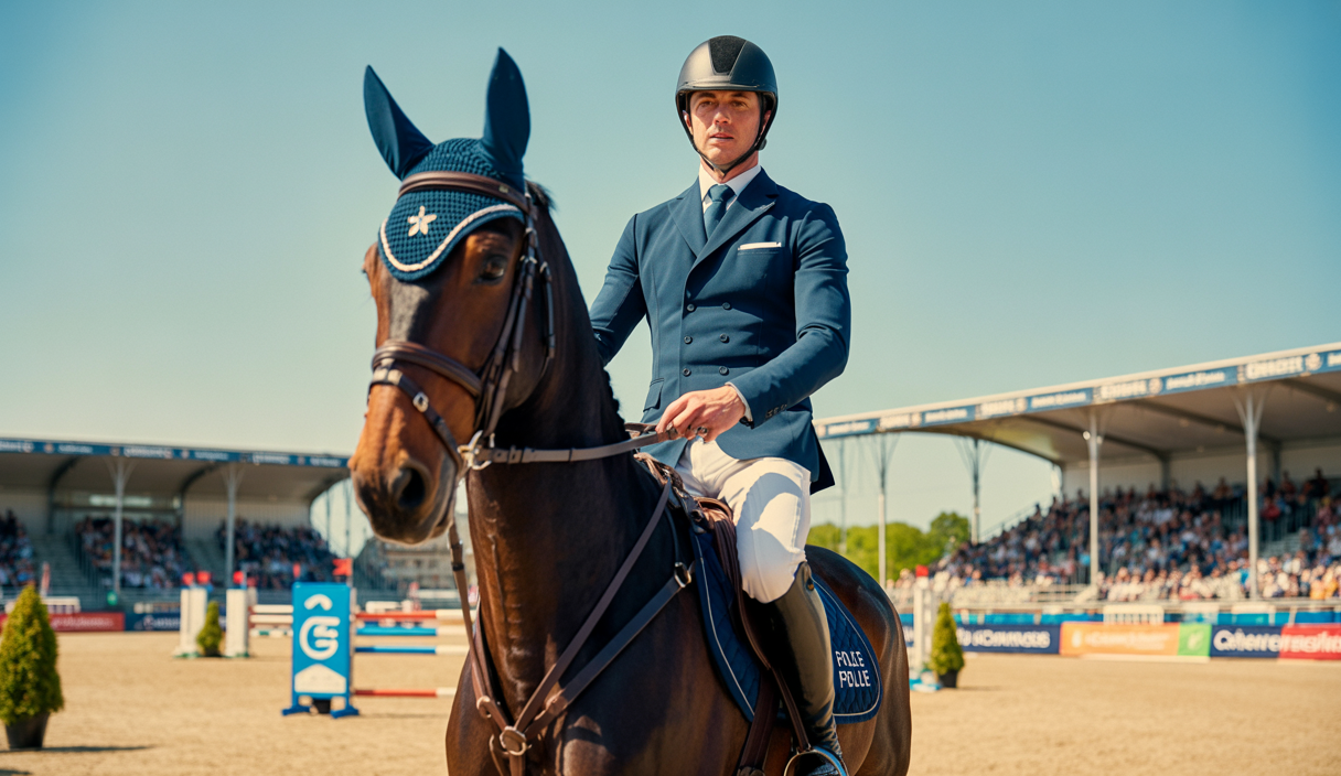 Scott Brash effectuant un saut parfait avec son cheval Hello Folie lors d'une compétition internationale de saut d'obstacles en 2025