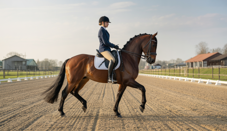Cavalier professionnel montrant la technique du shoulder-in lors d'un cours de dressage avec une coach experte, dans une ambiance pédagogique et inspirante, en plein air, cheval et cavalier en parfaite harmonie.