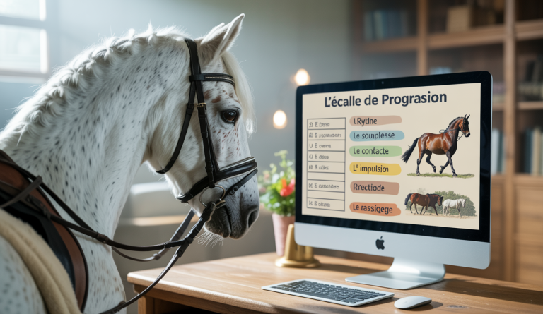 Une image représentant un cavalier en train de participer à un webinaire sur l'échelle de progression en dressage